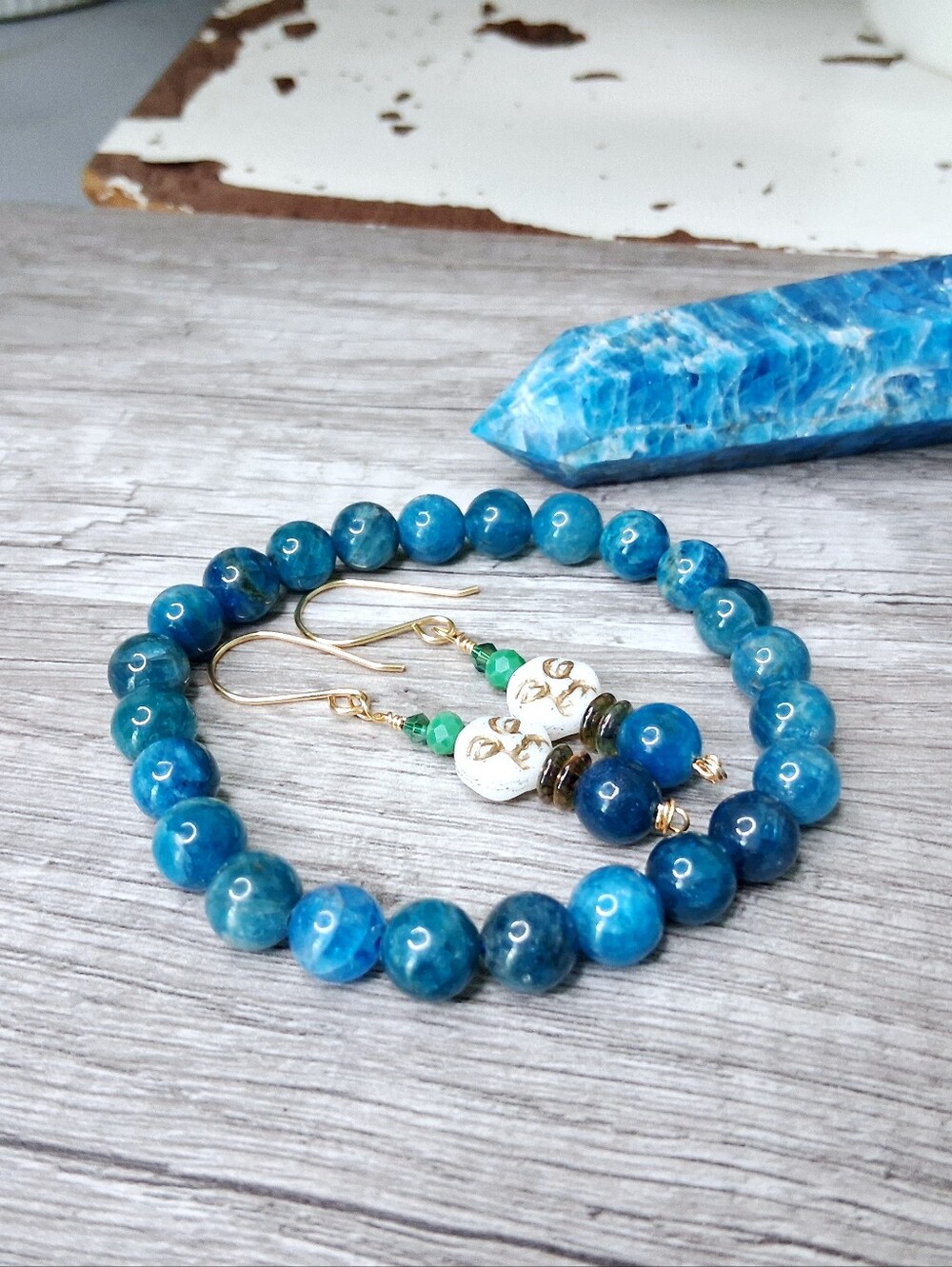 Blue Apatite 3 Piece Set, Crystal Tower, Earrings, Bracelet